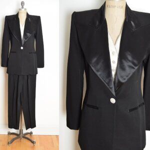vintage 80s womens tuxedo suit rhinestone black high waisted pants jacket coat S